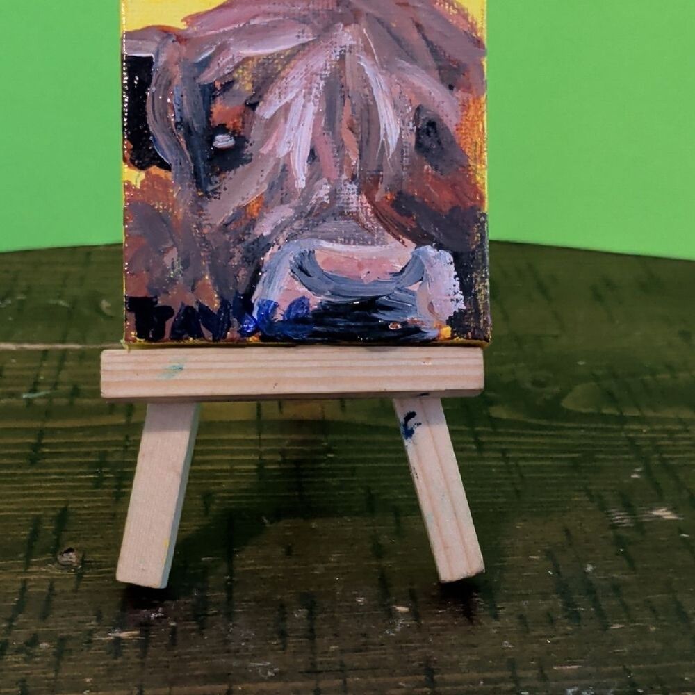 original 2x2 inch acrylic painting of a highland cow with easel